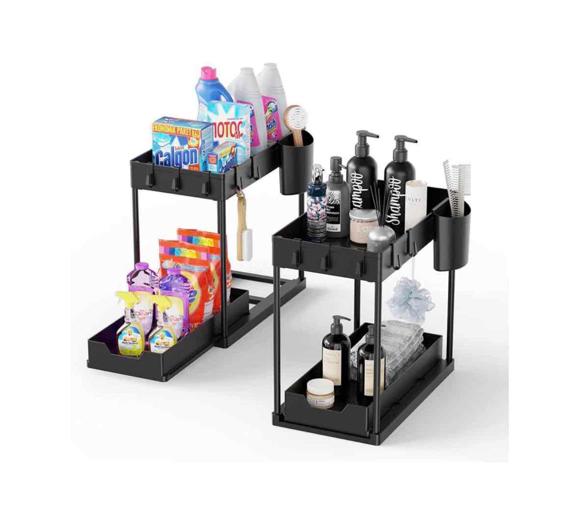 2Pack 2 Tier Under Sink Cabinet Stackable with Sliding Organizer Storage  Drawer