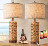 TOBUSA Set of 2 Rattan Table Lamps for Living Room with 2 USB Ports