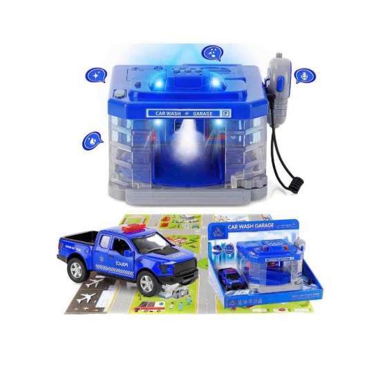 Otto Car Wash Toy Playset, with Push and Play Police Car - Stimulate Real Car Washing Experience