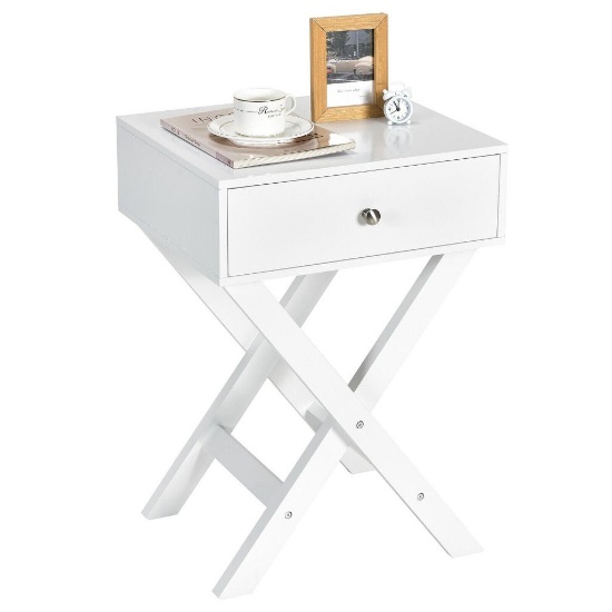 Costway 2PCS Nightstand with Drawer X Shaped Structure Accent Sofa Side End Table, White