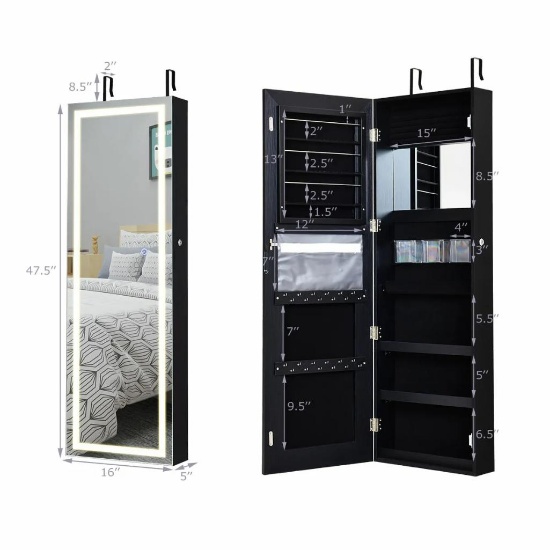 Costway Door Wall Mount Touch Screen LED Light Mirrored Jewelry Cabinet, model HW65936BK