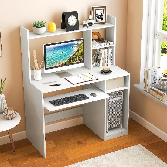 IFANNY white computer desk with hutch, wood PC desk w/ keyboard tray and CPU stand
