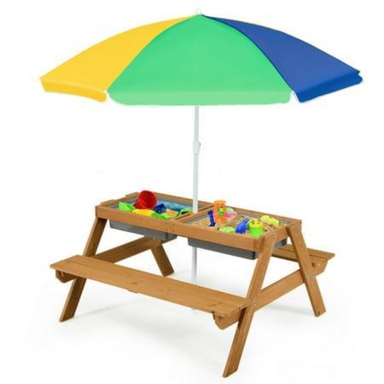 Costway 3-in-1 Kids Wooden Picnic Table Outdoor Sand and Water Table with Umbrella Play Boxes