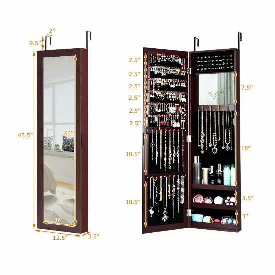 Costway Wall Door Mounted Mirrored Jewelry Cabinet Storage Organizer