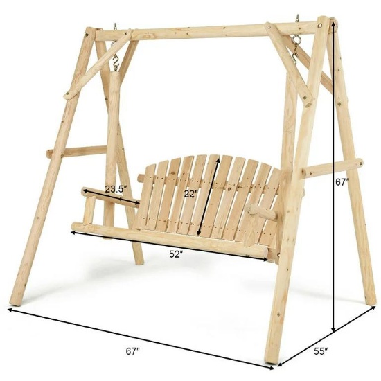 2-person wooden bench swing with a rustic curved back 67" x 55" x 67"