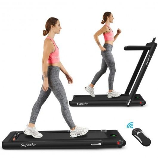 2-in-1 Electric Folding Treadmill with Dual Display and Bluetooth Speaker - Color: Black