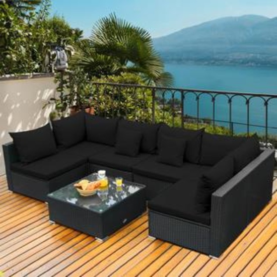 Costway 7PCS Patio Rattan Sofa Set Sectional Conversation Furniture Set Garden - Black