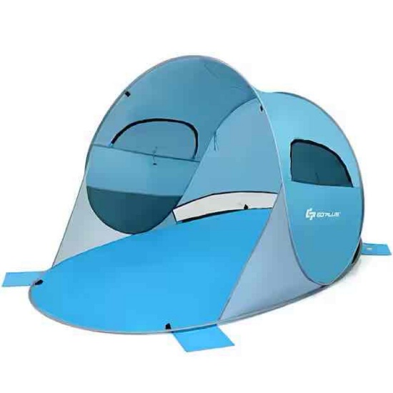 Costway 63 in. x 87 in. Blue Pop Up Beach Tent Anti-UV UPF 50 Plus Portable Sun Shelter for 3-Person