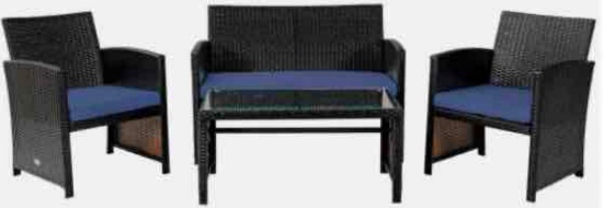 Patio Rattan Cushioned Furniture Set Navy