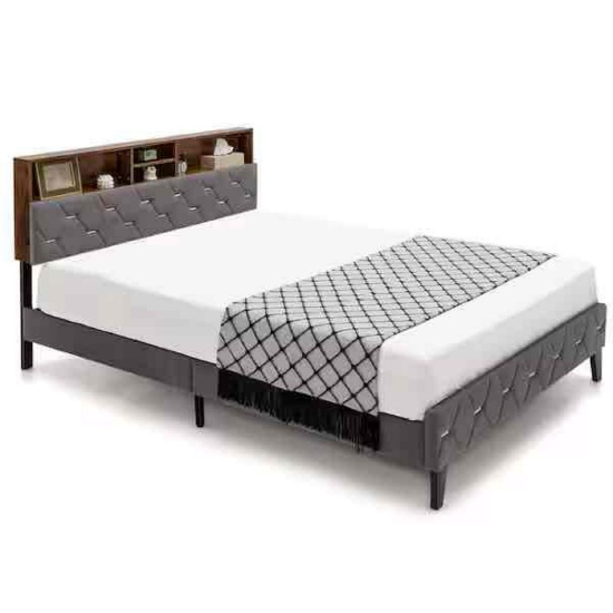 Costway Rustic Brown and Grey Bed Frame Metal Upholstered Queen