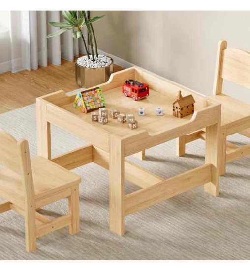 Kids Table and Chair Set, 3 in 1 Solid Pine Wood Kids Table and 2 Chair Set, Toddler Desk, Toddler