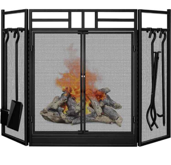 Amagabeli Garden Home 3 Panel Folding Fireplace Screen with Doors Large Flat Guard Tools Outdoor