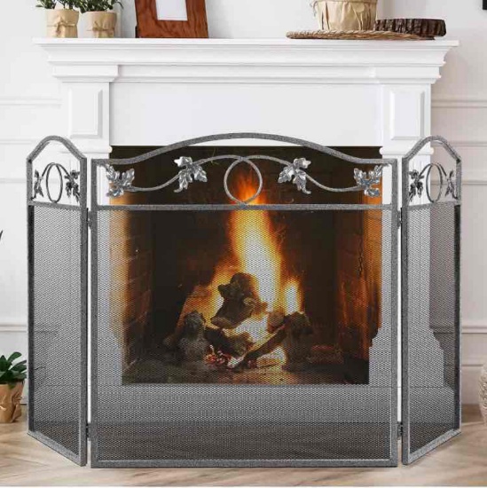 Amagabeli 50 x 29 Inch Free Standing Fireplace Screen 3 Panel Pewter Foldable Wrought Iron Furnace