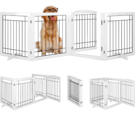 Folding Pet Gate 96" Wide, 30" Tall No-Assembly Wooden Dog Gate with Door Walk Through, Freestanding