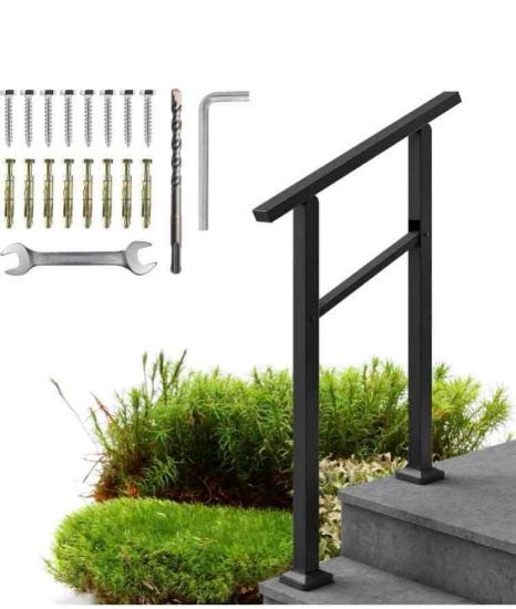 Metty Metal Handrails for Outdoor Steps - 1 to 2 Step Wrought Iron Stair Railing Outdoor, Indoor -