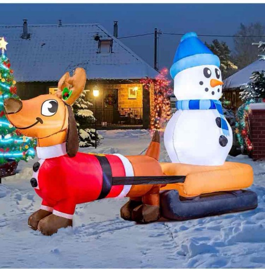 Joiedomi 8 FT Long Christmas Puppy Inflatable Pulling Sleigh & Snowman with Build-in LEDs Blow Up