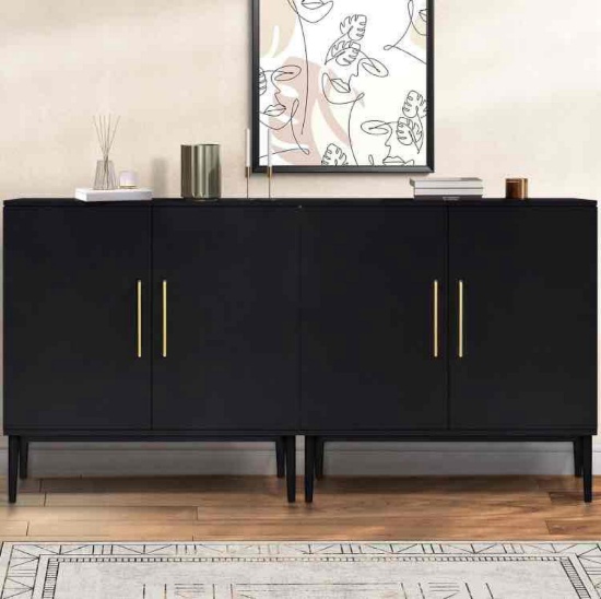 Set of 2 Black Side Storage Cabinet, Free Standing Cabinets, Wood Accent Cabinet with Doors