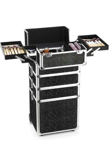 Makeup Case - 4 in 1 Professional Cosmetics Rolling Train Organizer with Aluminum Frame and Folding