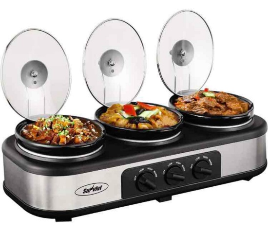 Sunvivi Triple Slow Cooker Buffet Server - 1.5 Quart Ceramic Pots with Adjustable Temp and Lid