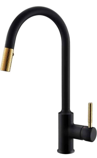 TURS Kitchen Faucet with Pull Out Sprayer Black and Gold High Arc Kitchen Sink Faucets Brass Single