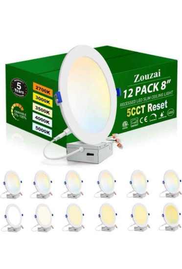 12 Pack White 8 inch 5CCT Ultra-Thin LED Recessed Ceiling Light with Junction Box,