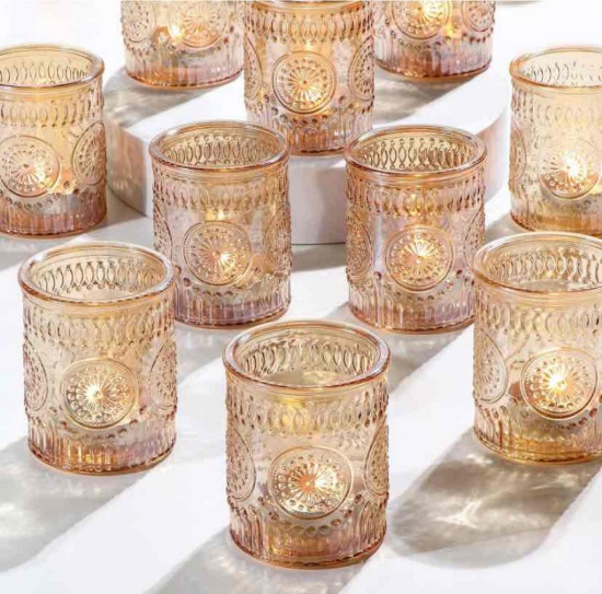 Volens 24pcs Gold Votive Candle Holders for Table Centerpiece, Vintage Flower Glass Tealight Candle