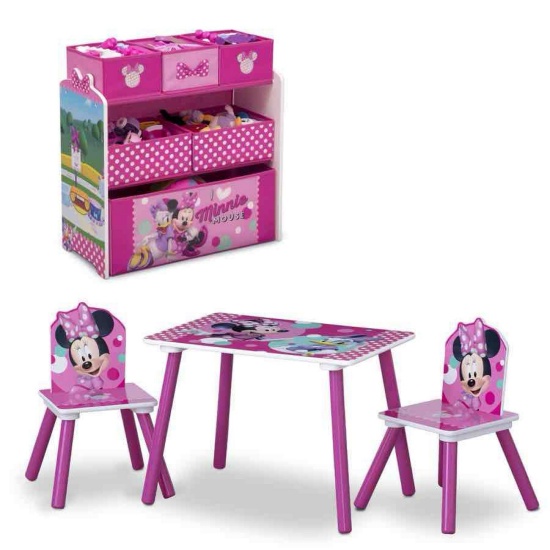 Minnie Mouse 4-Piece Playroom Solution ? Set Includes Table and 2 Chairs and 6-Bin Toy Organizer