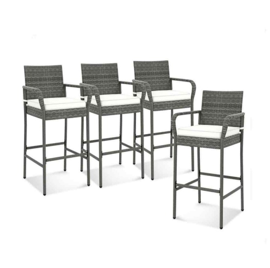 All Weather PE Rattan Bar Chairs Set of 2 with Armrests and Seat Cushions for Porch Backyard