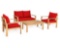 Brown 4-Pieces Wood Outdoor Sectional Set with White - Red Cushions