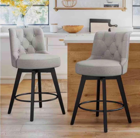 Rowland 26.5 in Seat Height Gray Upholstered Fabric Counter Height Solid Wood Leg Swivel Bar stool