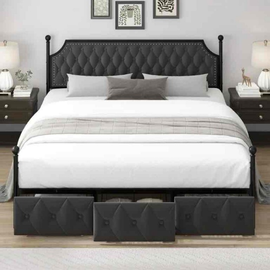 King Canopy Bed Frame for Bedroom with Drawer