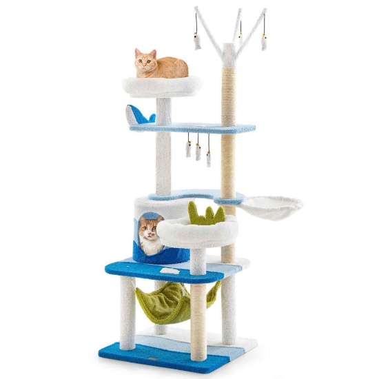Multi-level cat tower with sisal-covered scratching posts