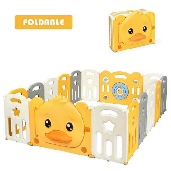 Costway 16-Panel Foldable Unisex Baby Playpen Kids Yellow Duck Yard Activity Center