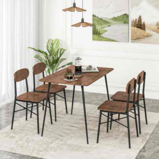 Total Tactic Rectangular Dining Table Set with Backrest and Metal Legs for Breakfast Nook, Rustic