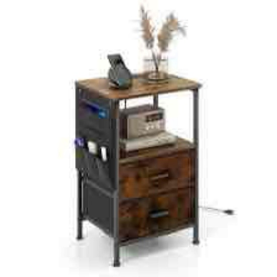 Giantex Nightstand with Charging Station, Industrial Bedside Table