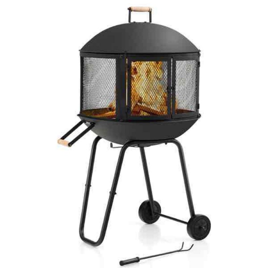 Costway 28" Black Steel Rolling Round Wood Burning Fireplace for Patio