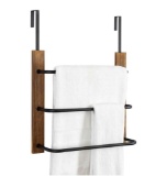 Rustic Over The Door Towel Rack, 3 Tier Solid Burnt Wood and Matte Black Metal Space Saving Bathroom
