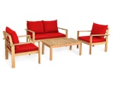 Brown 4-Pieces Wood Outdoor Sectional Set with White - Red Cushions