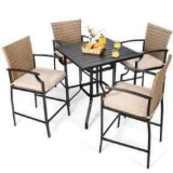 Costway 4PCS Patio Rattan Bar Stool Chairs Cushioned Seat Footrest & Armrest