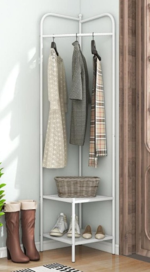 Corner Coat Rack with Top Hanger & 2 Mesh Shelves HU10702WH