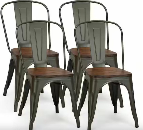 Tolix Style Gun Metal Dining Side Chair Wood Seat Stackable HW66013BK
