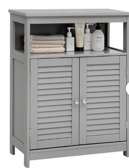 Costway Bathroom Storage Wood Floor Cabinet with Double Shutter Door Gray HW65847GR