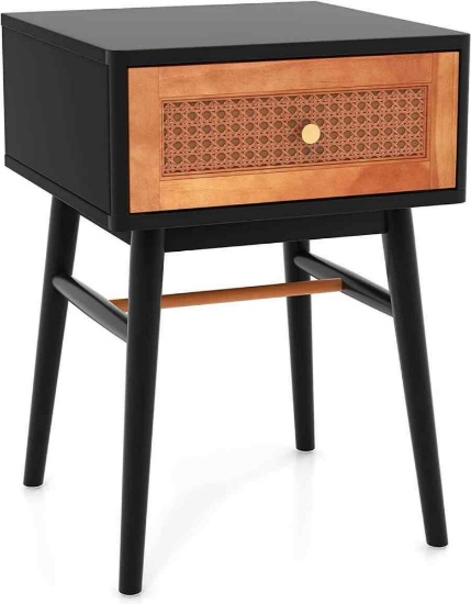Rattan Nightstand, Boho End Side Table with Rattan Decorated Storage Drawer & Solid Wood Legs
