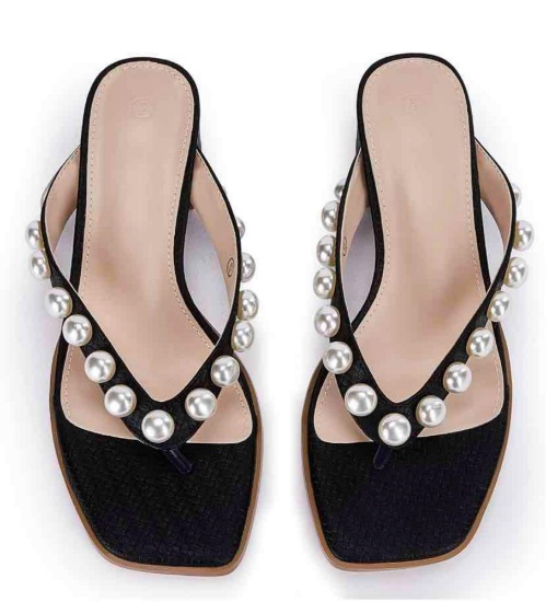 Womens Chunky Heel Flip Flops Pearl Sandals Square Toe Mules Slip On Slides Slippers, Black, Size 8