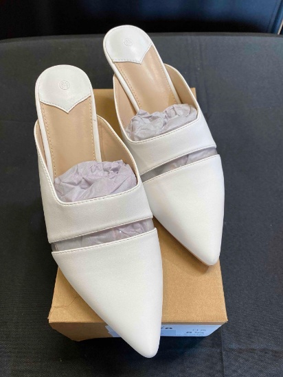 Womens Closed Pointed Toe Mules Slip On Low Flare Heel Backless Sandals Dress Shoes 8 1/2