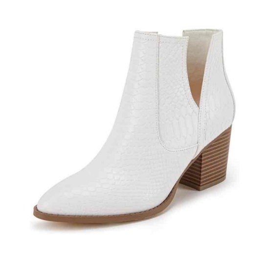 Womens Pointed Toe Stacked Mid Heel Ankle Boots V Cut Back Zipper Faux Leather Booties Size 8 1/2
