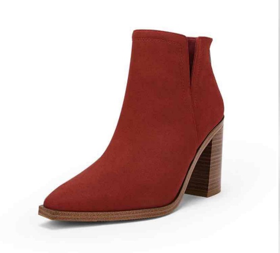 Women Chunky Block Stacked Mid Heel Ankle Boots Back Zipper Cut Out Pointed Toe Cosy Booties Size 9