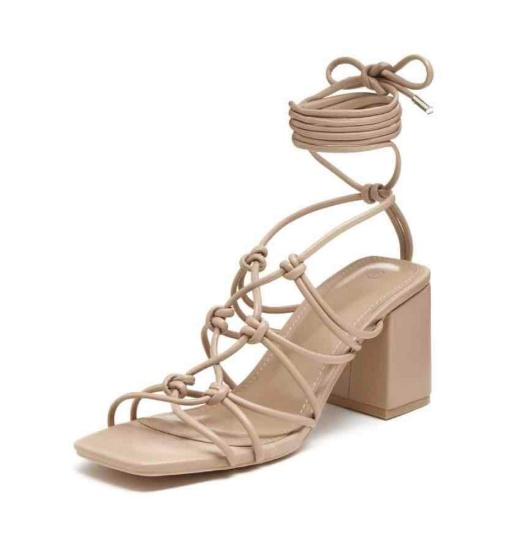 Womens Lace up Heeled Sandals Open Square Toe Block Heel Ankle Wrap Strappy Slingback Summer Sandals