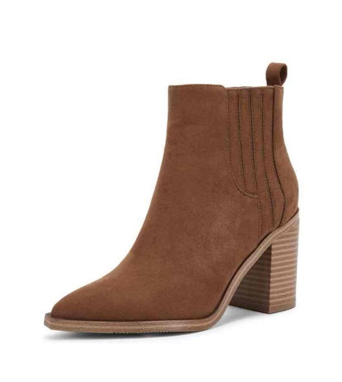 Womens Ankle Boots Slip on Pointed Toe Chunky Block Mid Heel Leather Elastic Panel Casual Chelsea