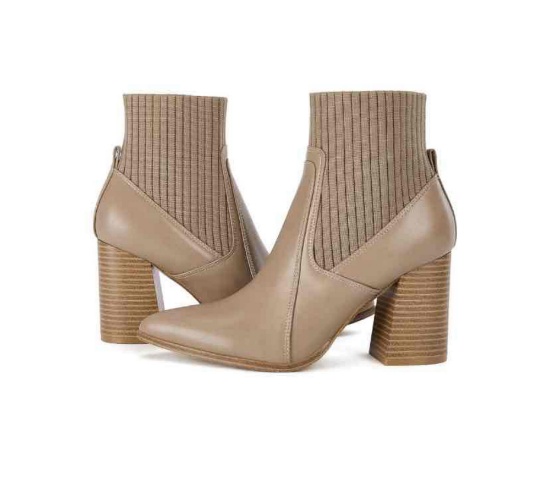 Women's Slip On Ankle Boots Pointed Toe Chunky Block Heel Splicing Sock Booties Winter Shoes, Light